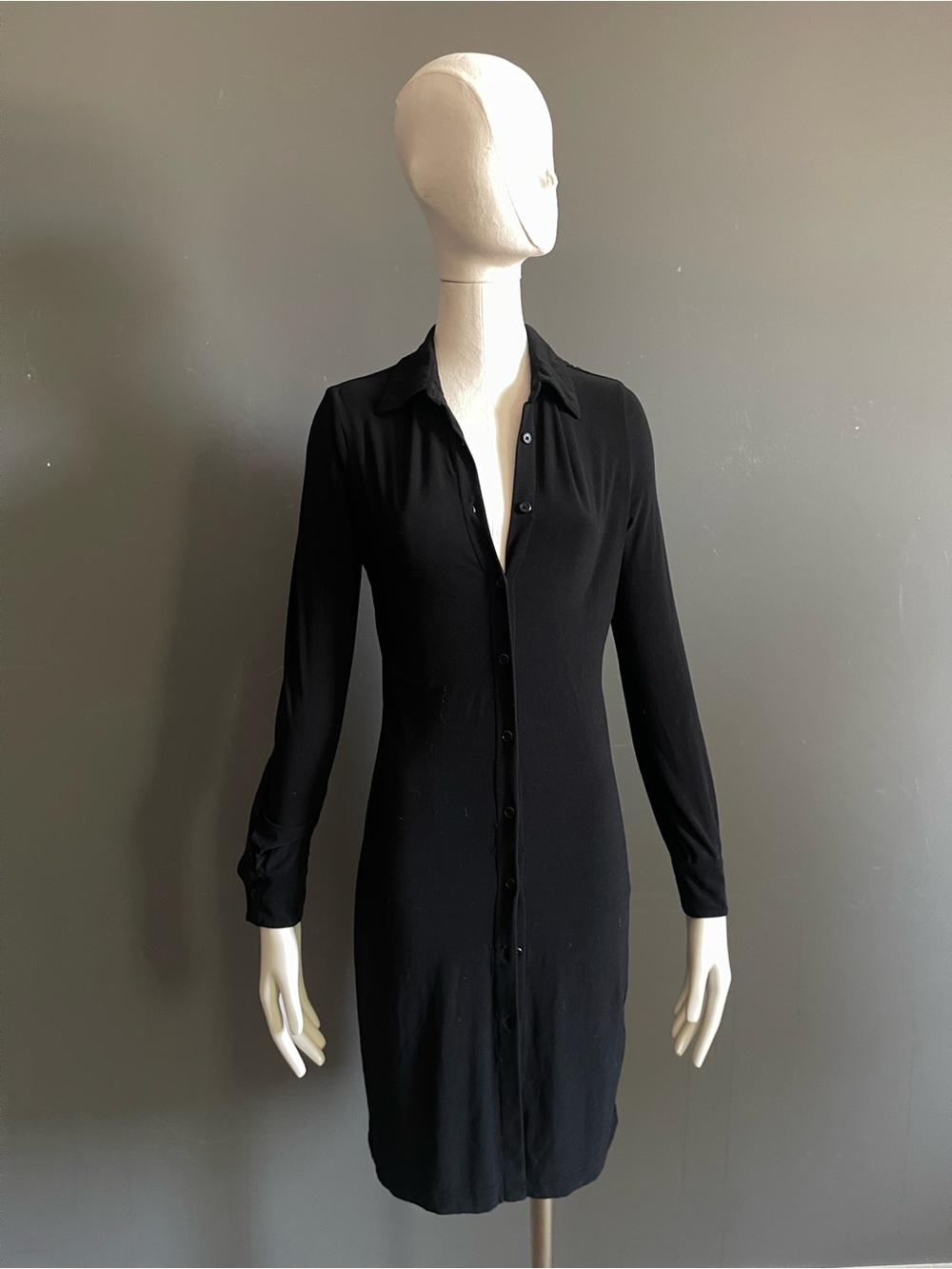 Norma Kamali Black Stretch Jersey Button Front Midi Shirt Dress XS Quiet Lux